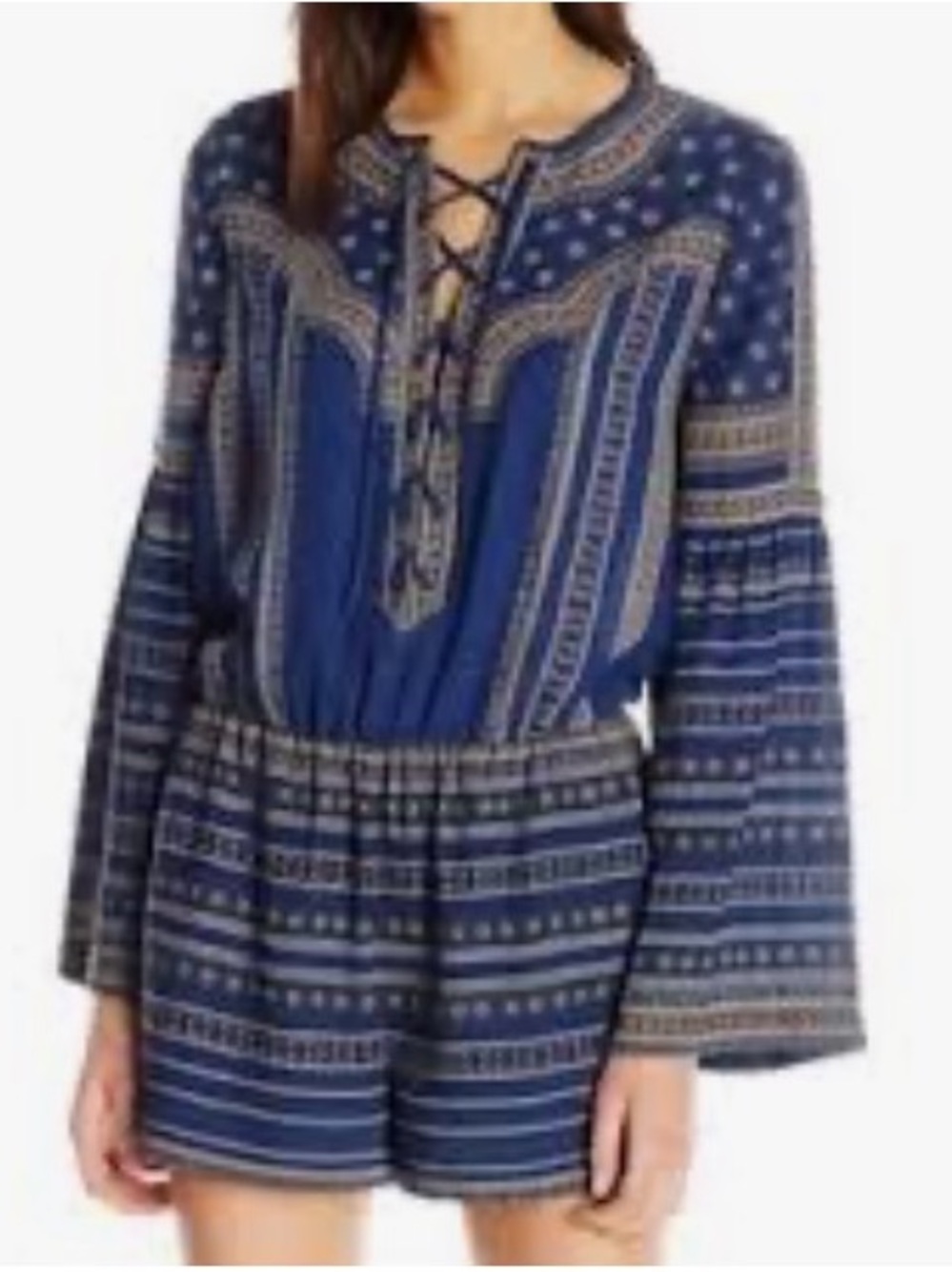 BCBGMaxAzria Blue Paisley Romper Size Small lace up With Bell Sleeves & Pockets - Picture 2 of 4